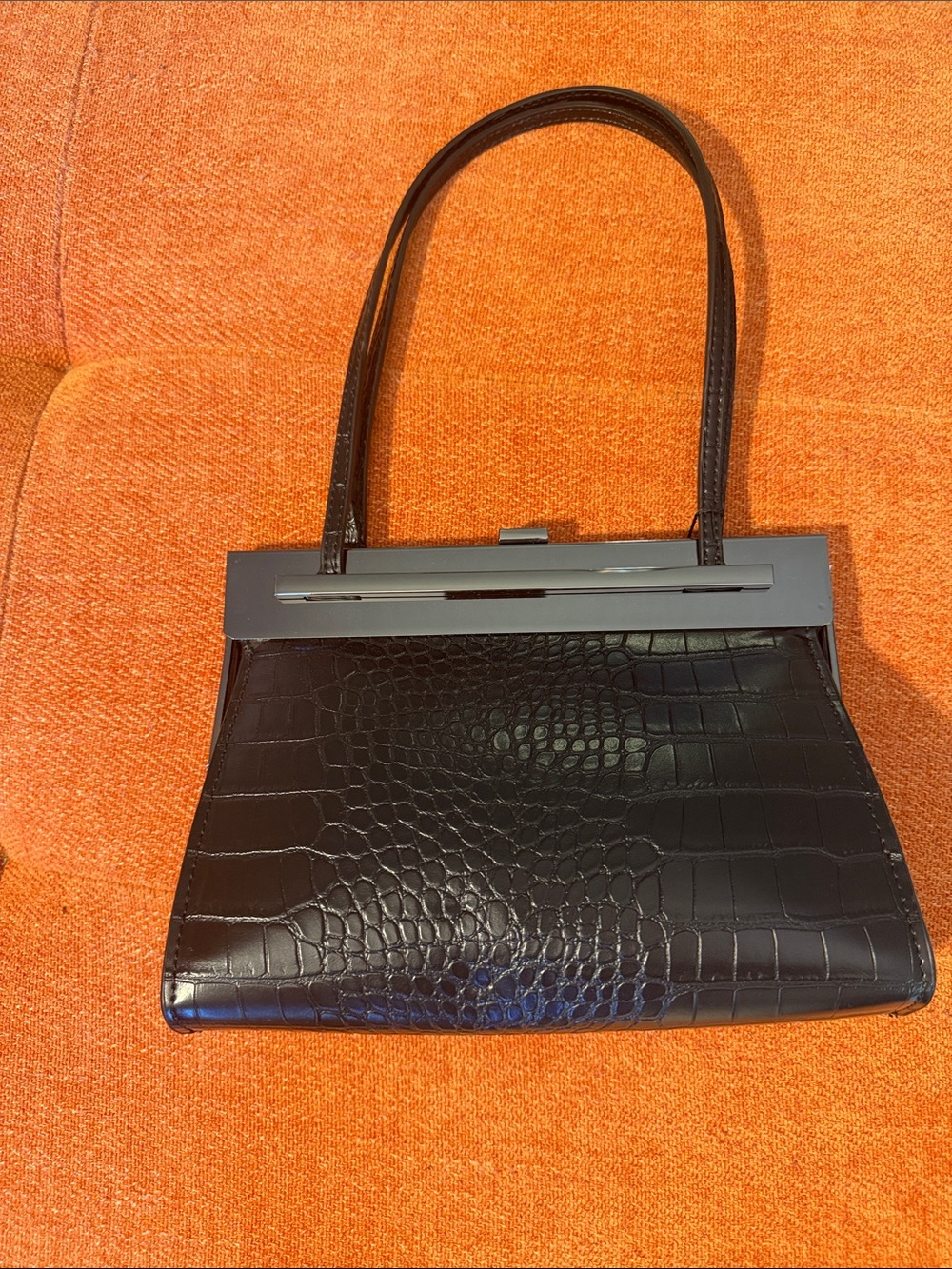 Zara Black Croc-Embossed Shoulder Bag with Metal Trim